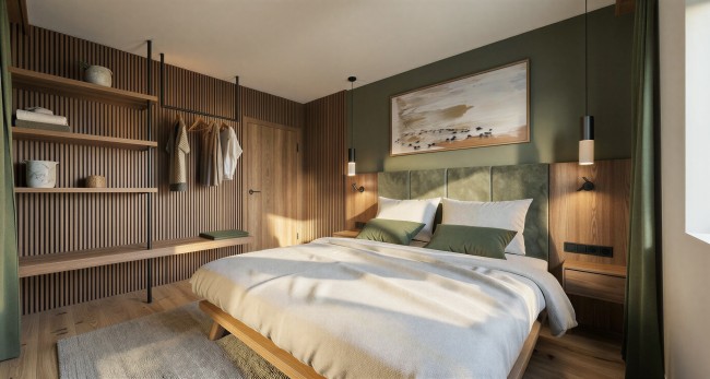 Modernes Schlafzimmer mit Holzm&ouml;beln, gr&uuml;nem Wandakzent und einem gro&szlig;en Bett